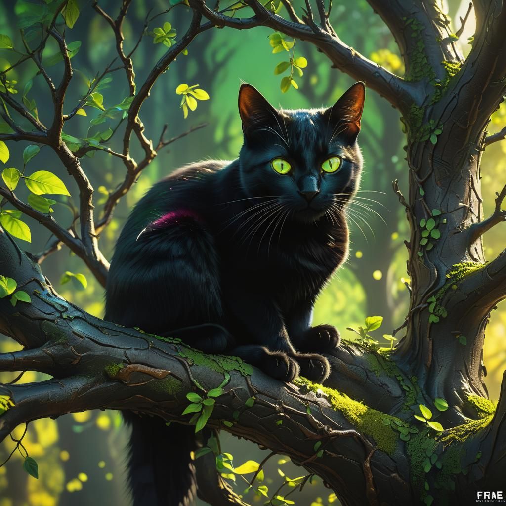 Black Cat with Green Eyes on Knurled Tree
