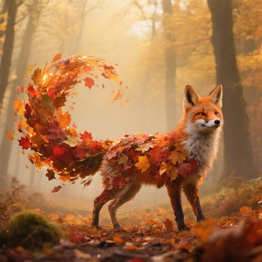 Autumn Fox Made of Leaves in Misty Forest