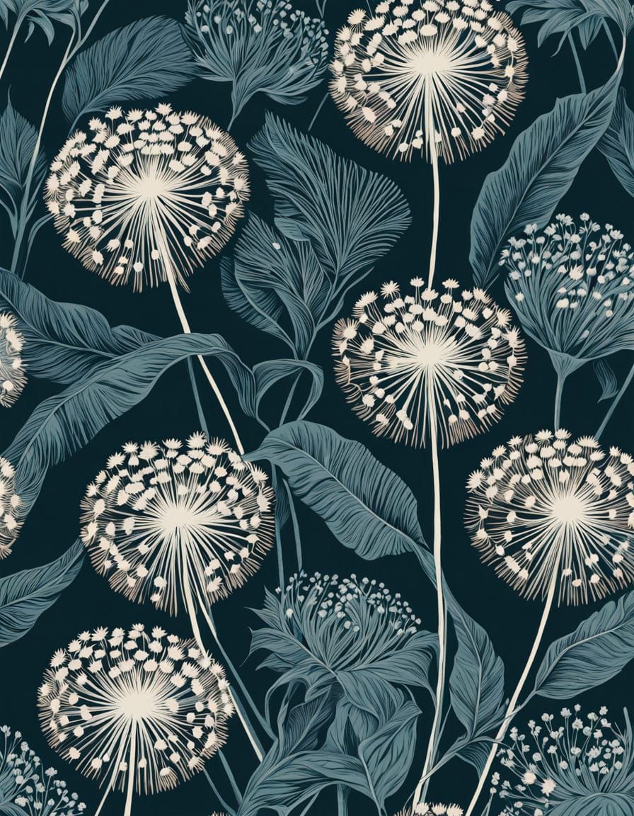 Intricate Dandelion Linoprint in Muted Colors