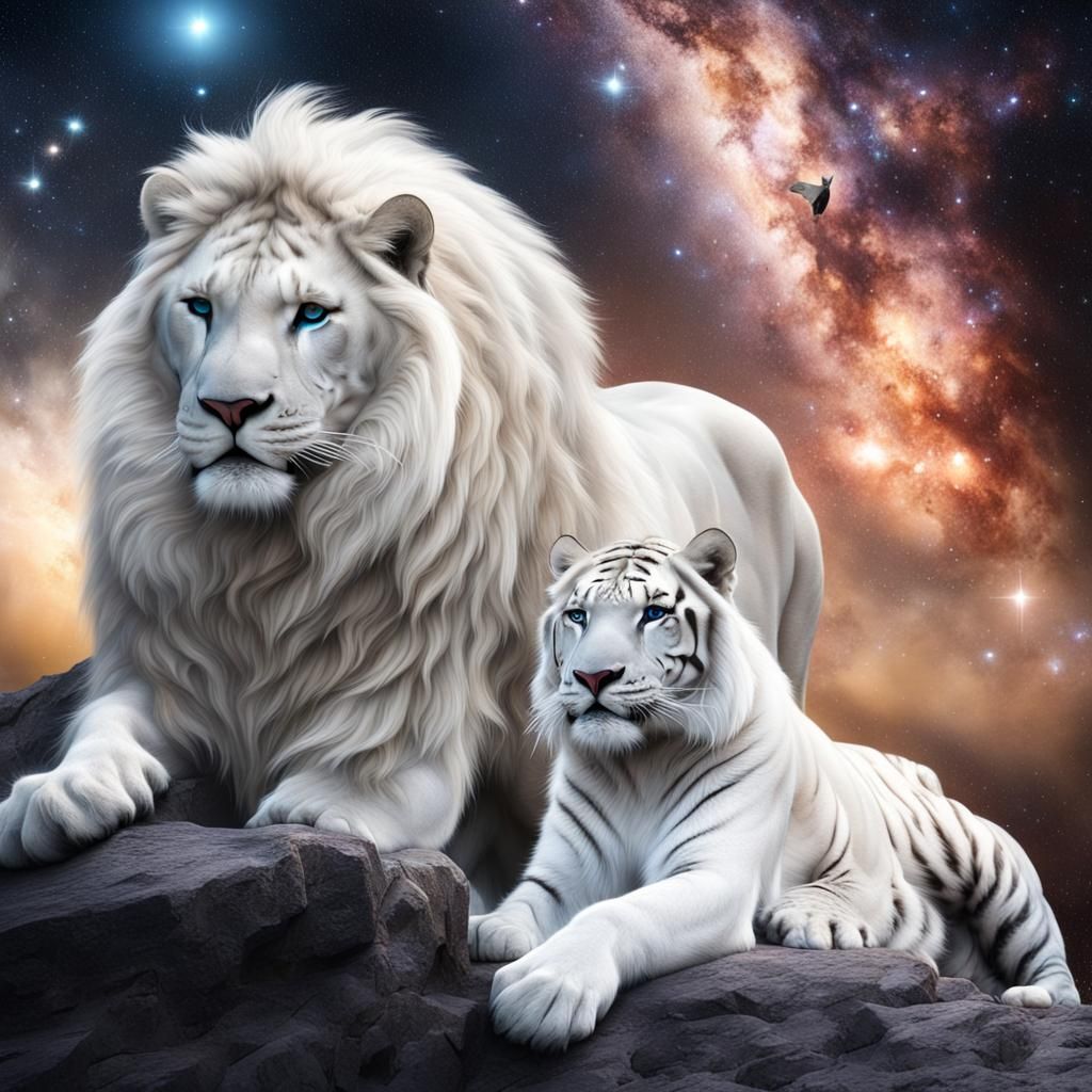 White Lion and Tiger Overlooking Galaxy
