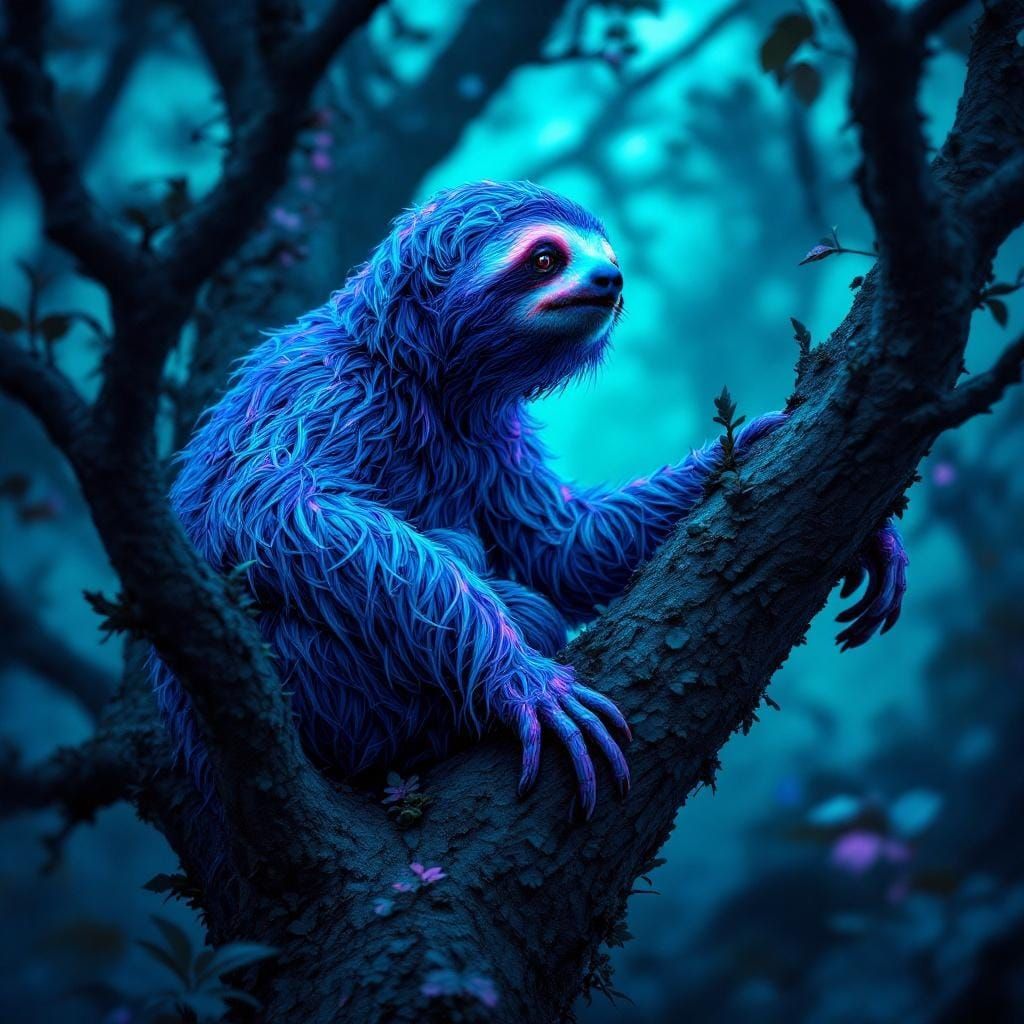Turquoise and Purple Sloth in Hyperrealistic Style