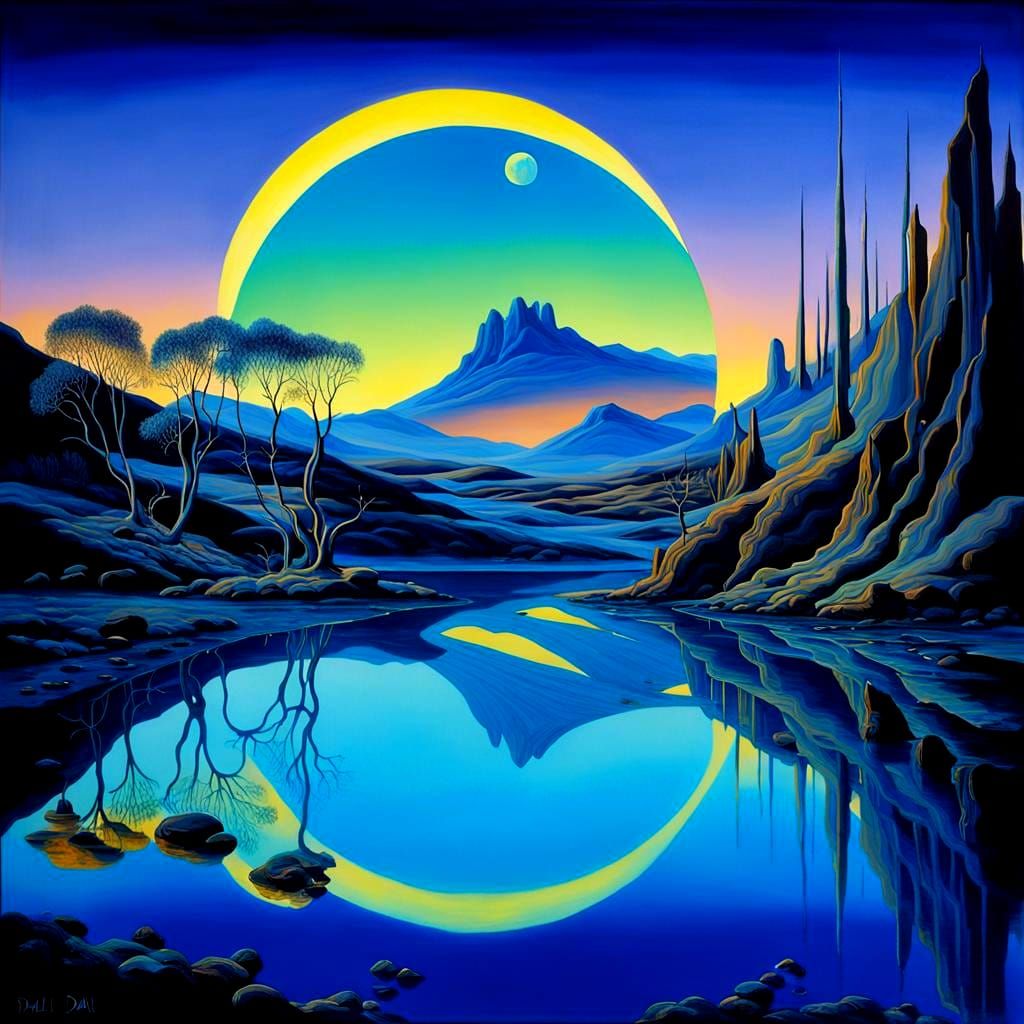 Surreal Twilight Landscape with Bioluminescent Shadows