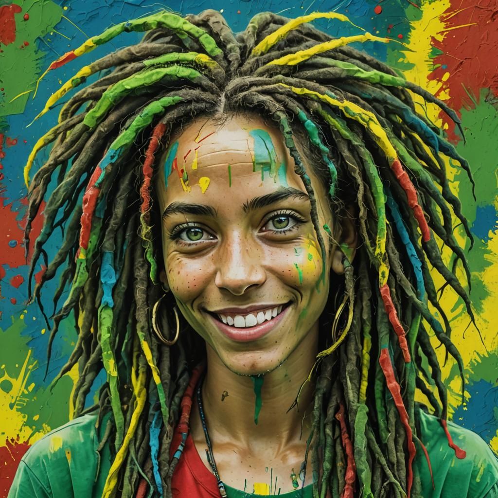 Futuristic Reggae Woman Portrait with Neon Dreadlocks