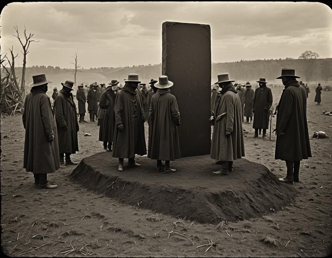 Plague Doctors Examine Giant Stone Slab: Sepia Photograph