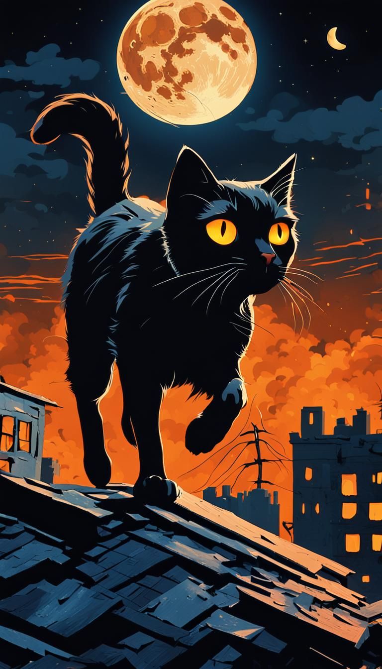 Dramatic Black Cat in Destroyed Cityscape