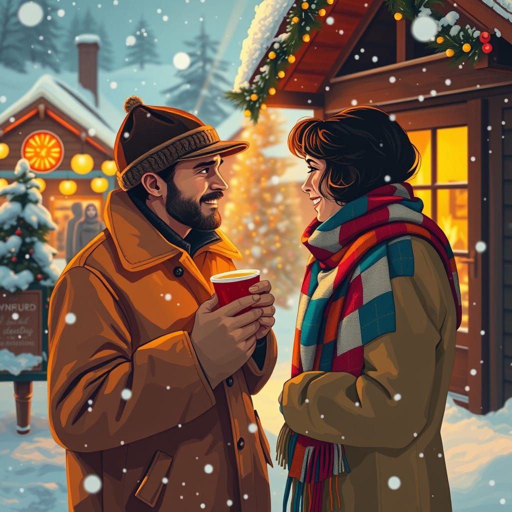 Snowy Mountain Christmas Encounter in Vibrant Screen Print S...