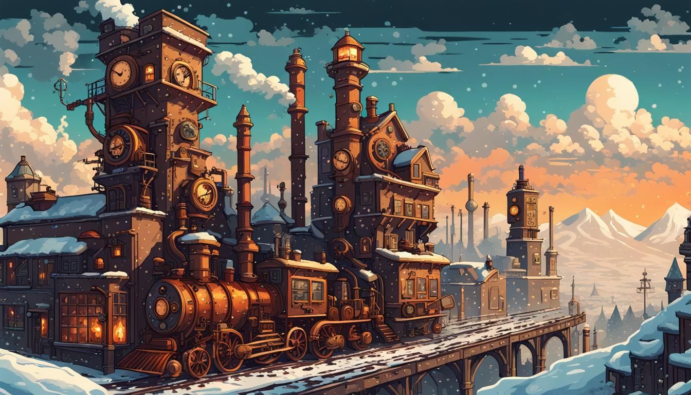 Winter Steampunk City in 32-bit Pixel Art