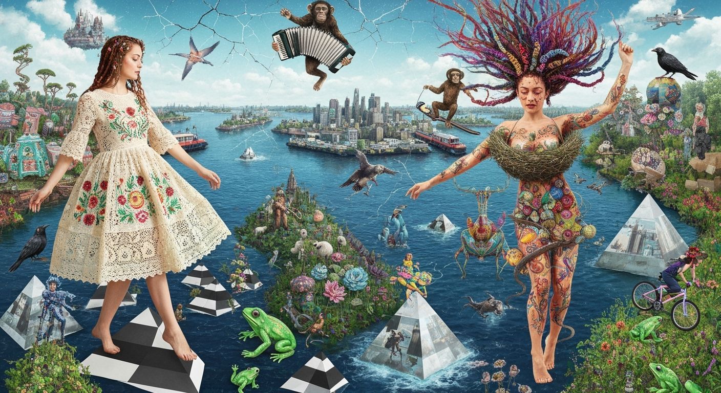 Surreal Dancer in Mirrored Pyramid Landscape