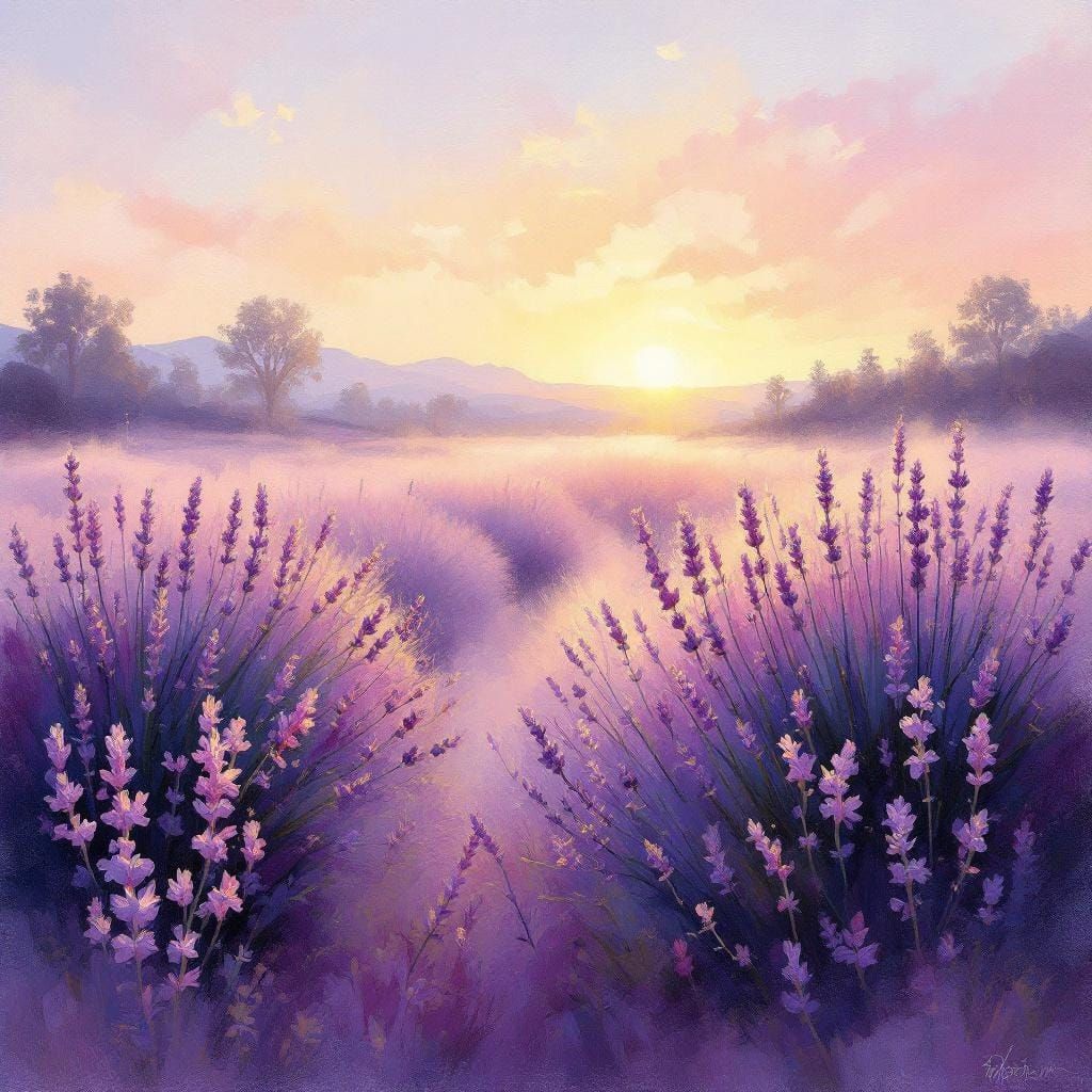 Lavender Field at Sunrise in Impressionist Style