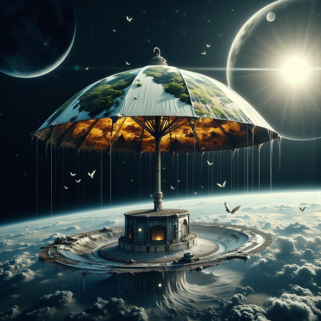 Cosmic Umbrella Shields Space Lab in Hyperrealism