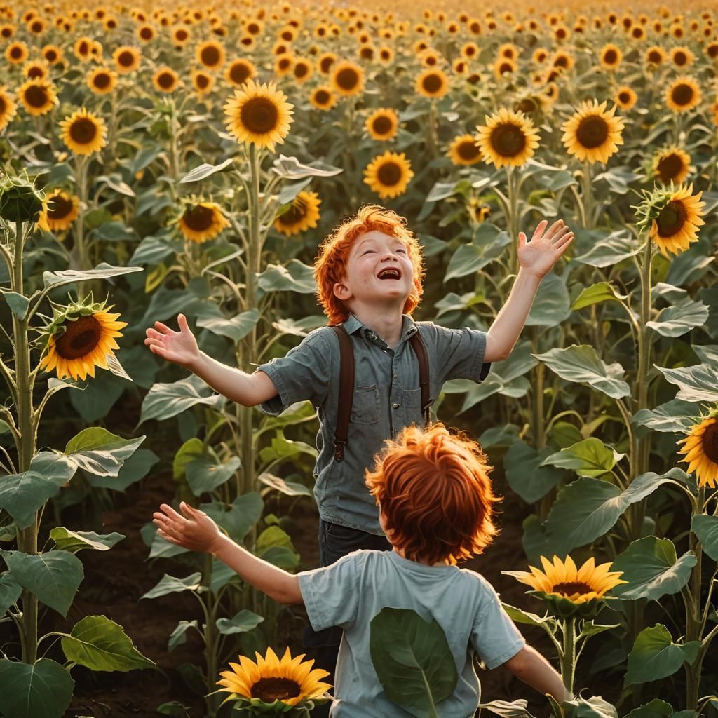 Boy Singing in Sunflower Field at Sunrise