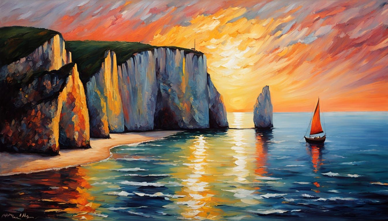 Étretat Cliffs at Sunset in Neo-Impressionist Style