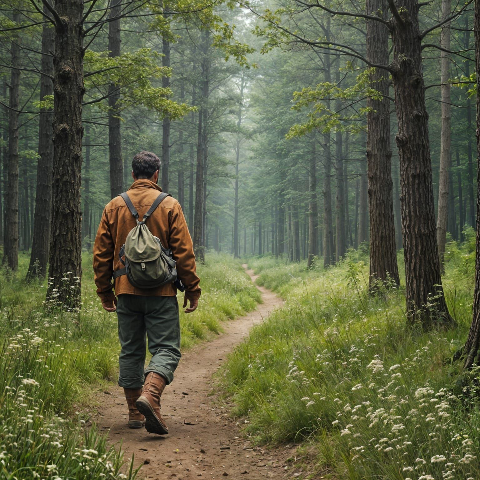 Lone Hiker in Lush Forest, Impressionistic Style