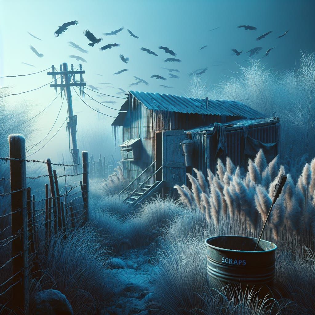 Desolate Winter Shack with Barbed Wire Fence, Digital Art