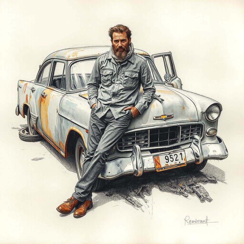 Elegant Bearded Gentleman Against a Weathered Automobile