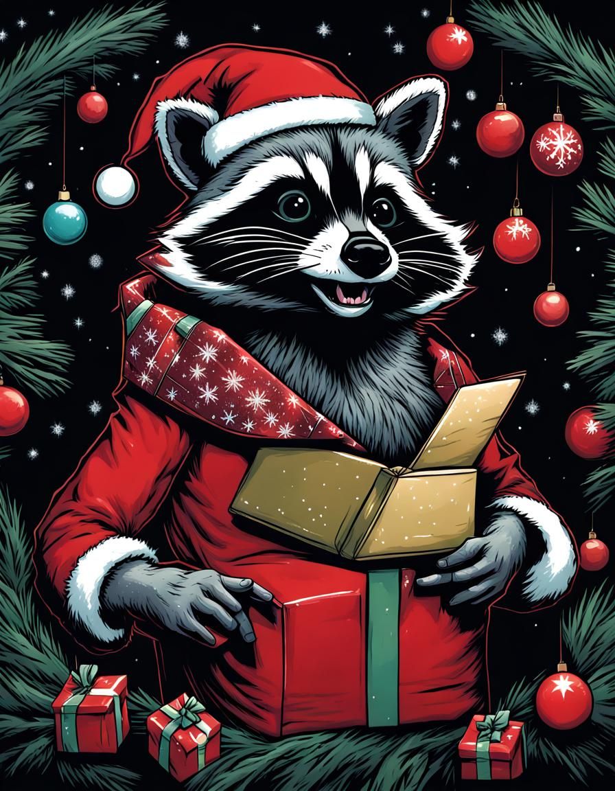 Raccoon Celebrates Christmas: Comic Book Style Art
