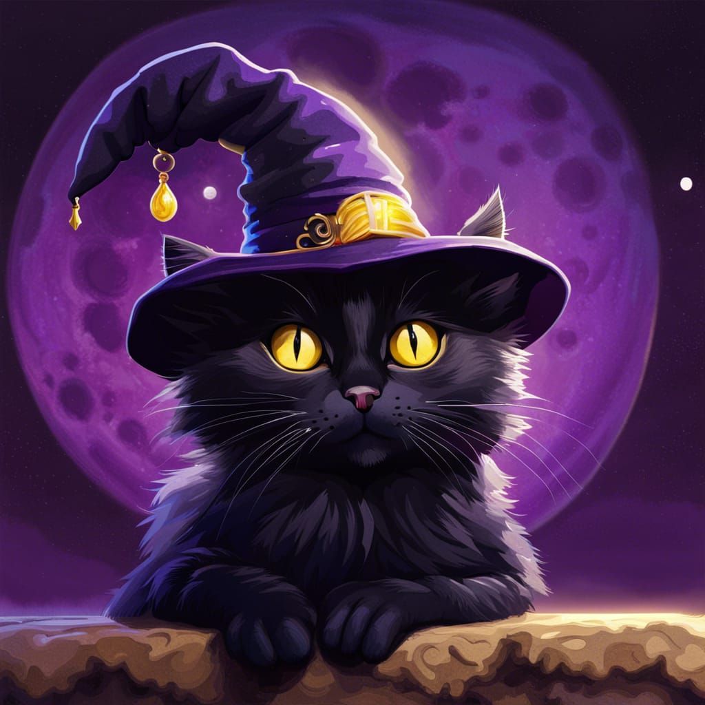 Adorable Black Cat in Witch Hat Under Moon