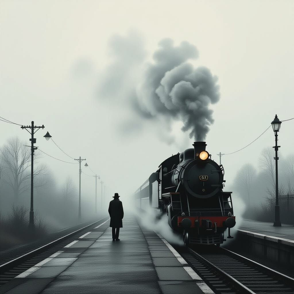 Melancholy Figure on Misty Platform with Departing Steam Tra...