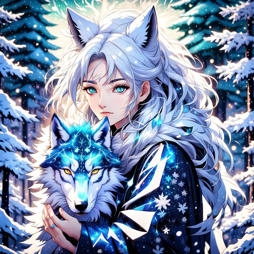 Anime Wolf Bonds with Woman in Winter Forest