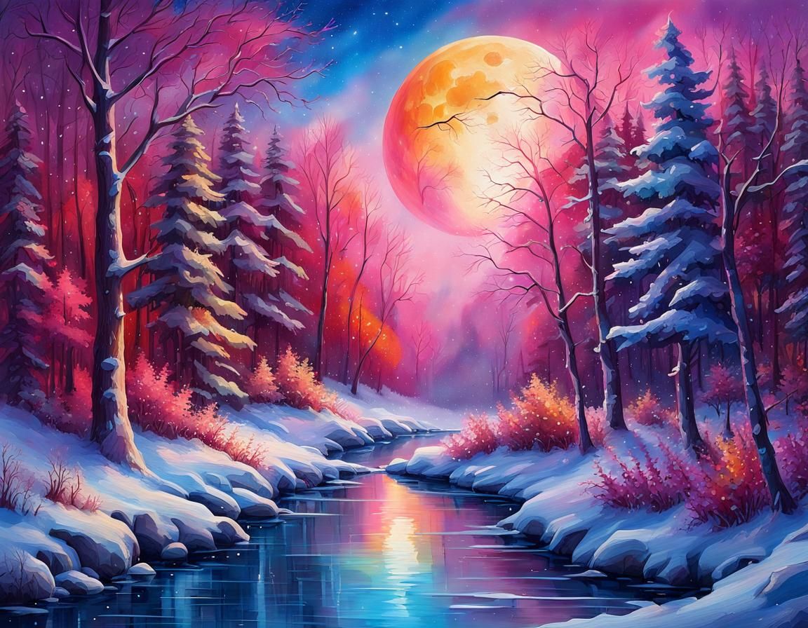 Enchanted Winter Forest Landscape in Oil and Watercolor
