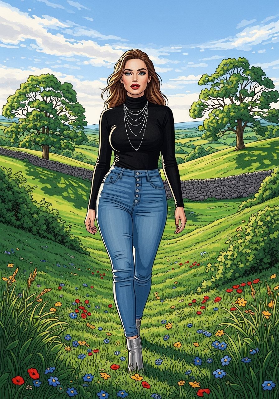Woman in Turtleneck Walks Through English Landscape Oil Pain...