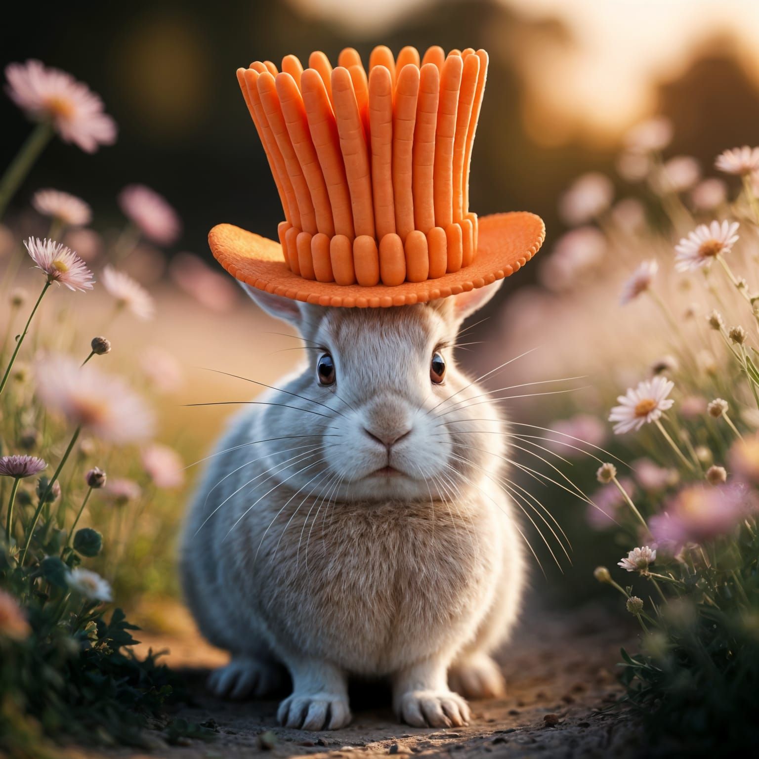 Rabbit in Carrot Top Hat at Sunset