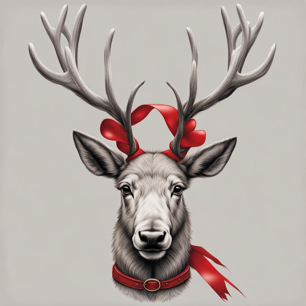 Reindeer Portrait with Red Reins