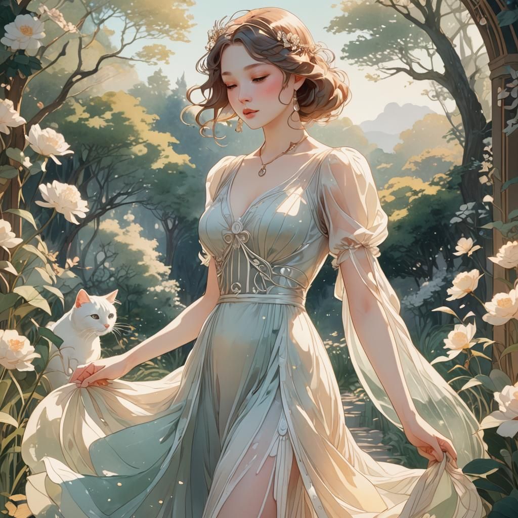Elegant Lady with White Cat in Art Nouveau Style