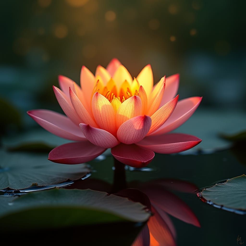 Golden Lotus Blooms in Serene Pond