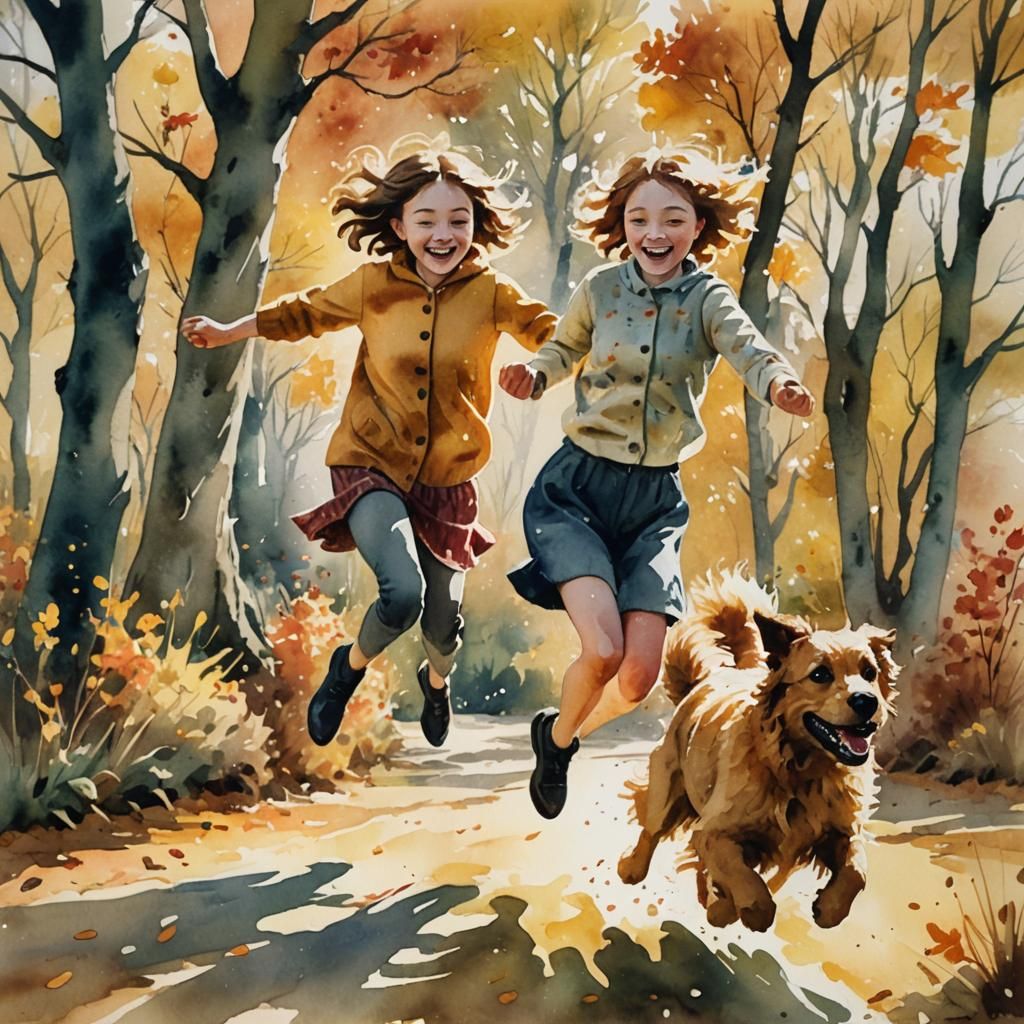 Joyful Girl and Dog in Autumnal Watercolour