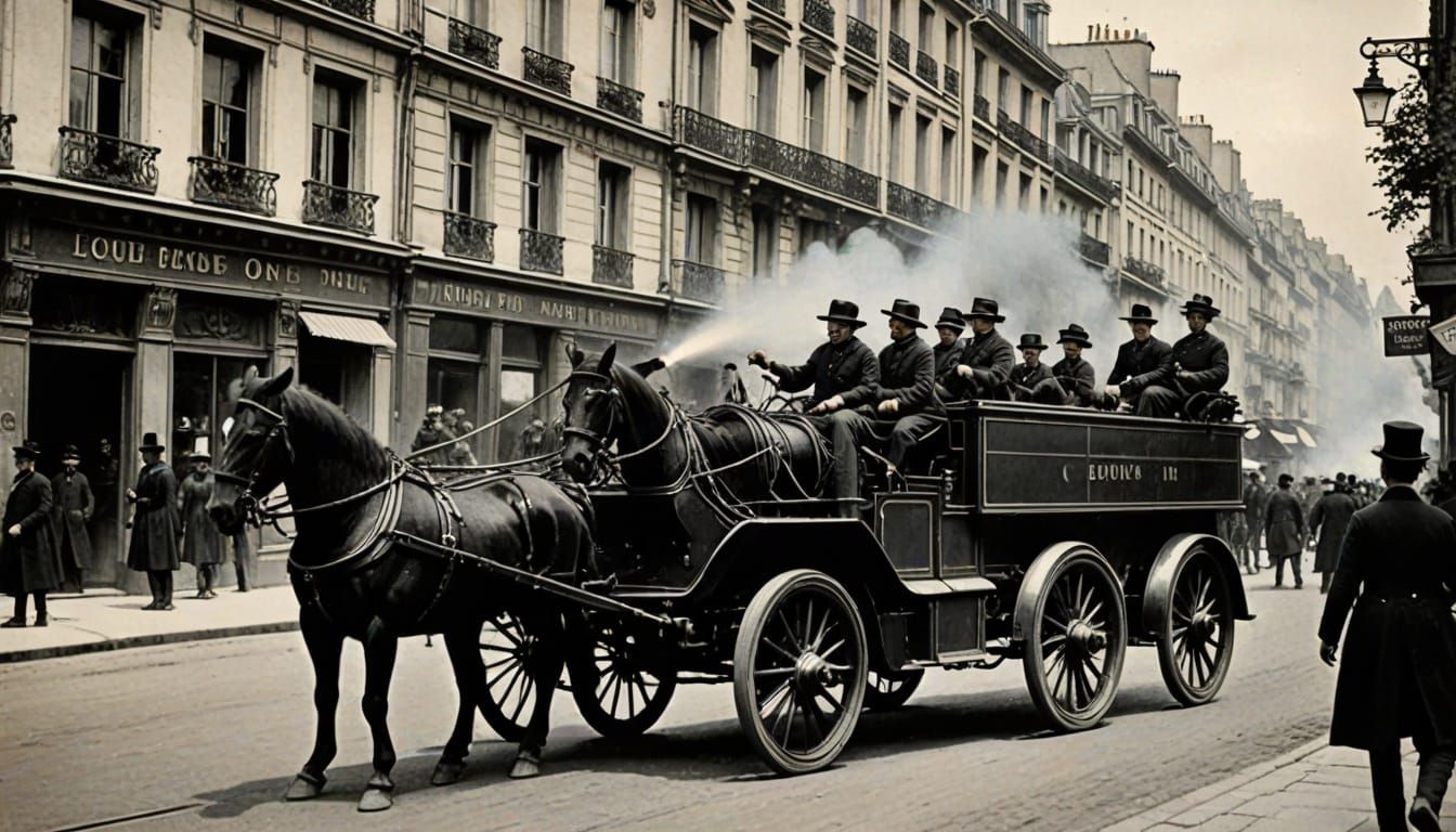 Victorian Horse Drawn Fire Engine in Parisian Streets