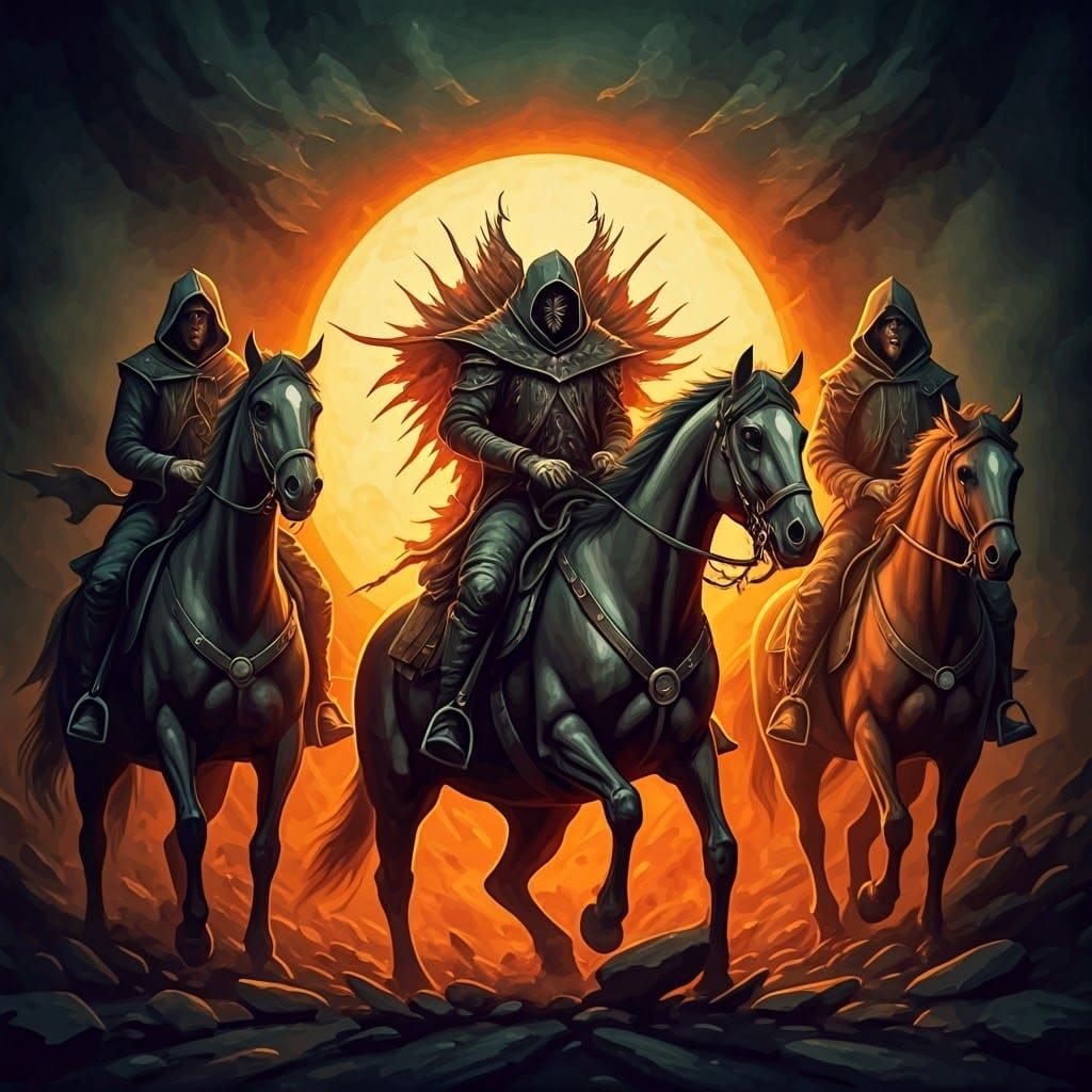 Vibrant Dark Apocalypse Riders in Vintage Storybook Style