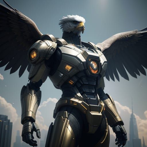 Gigantic Eagle Mech on Skyscraper