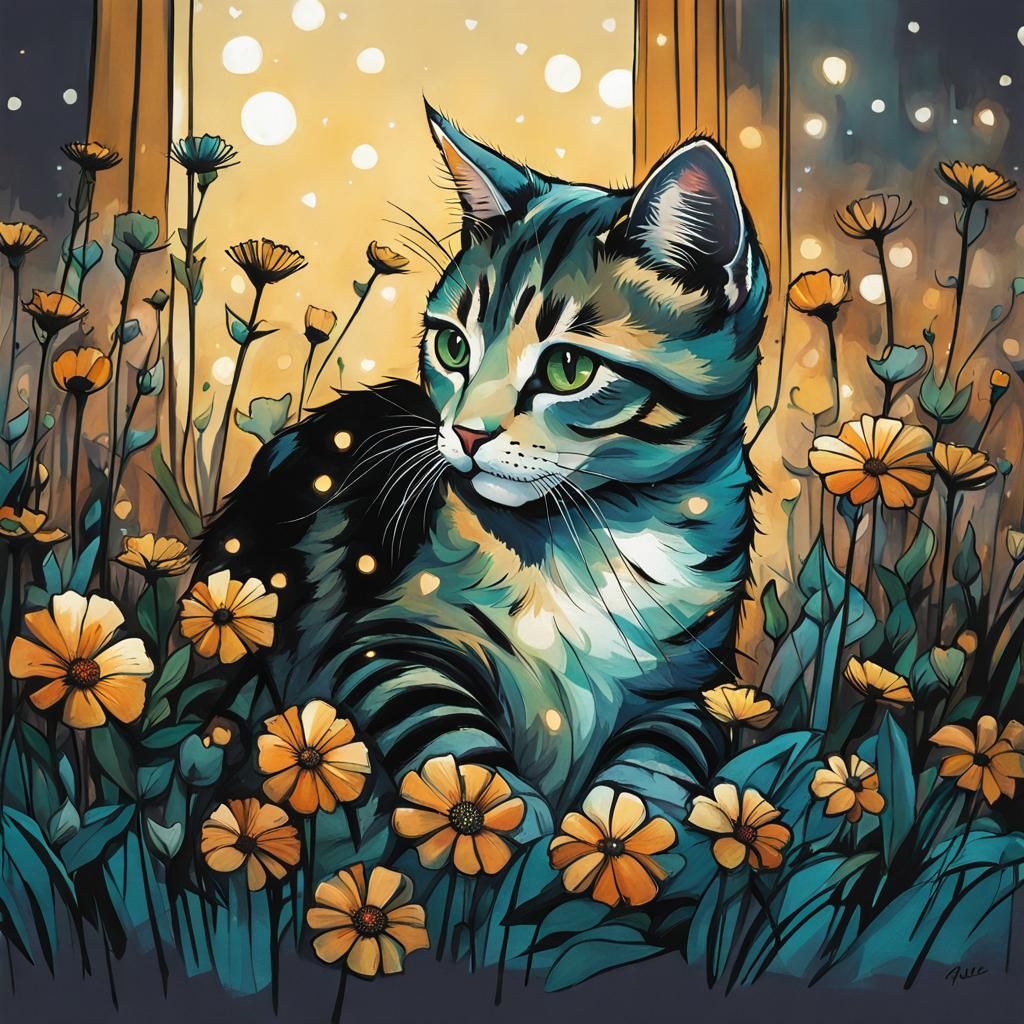 Cat on Pillow Surrounded by Flowers in Street Art Style