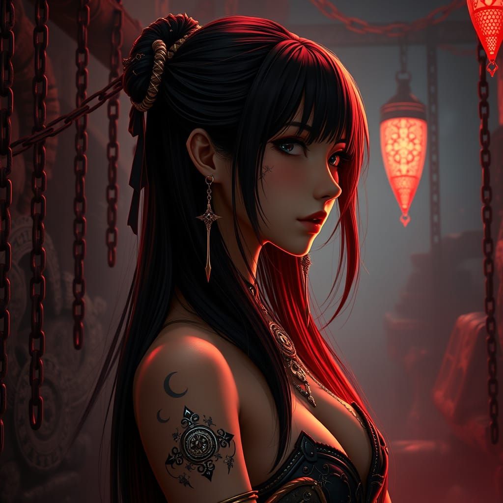 Ethereal Dungeon Goddess with Metal Jewelry and Face Tattoos