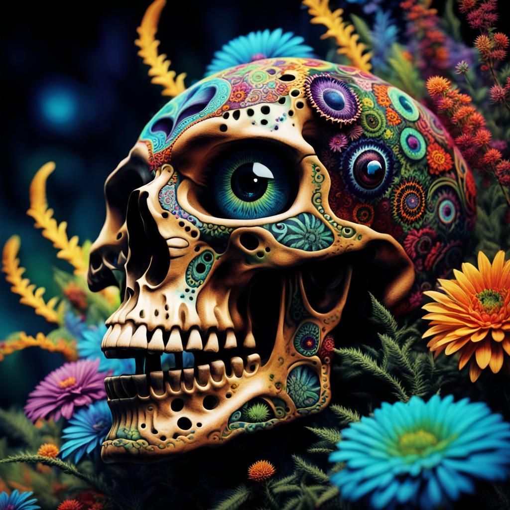 Psychedelic Skull with Alien Flora: A Vivid Image