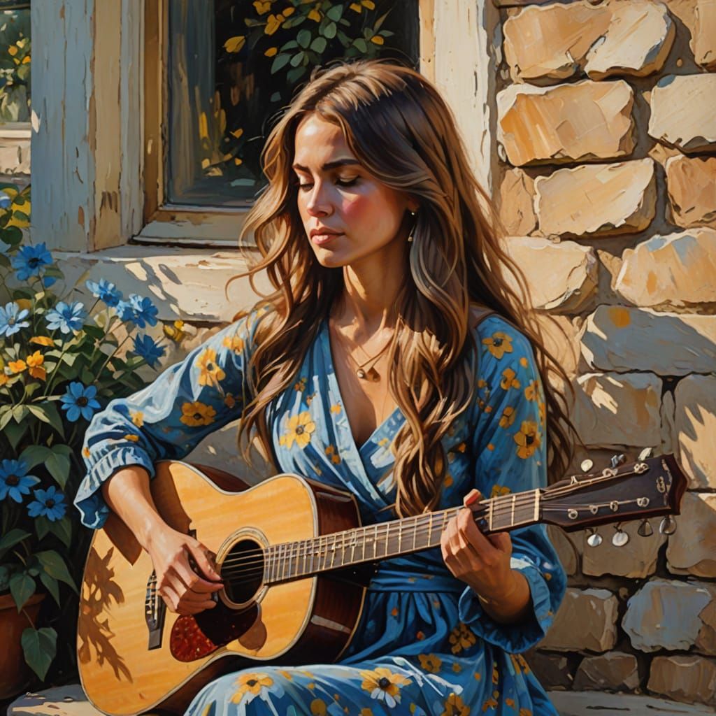 Impressionist Oil Painting of Woman with Guitar
