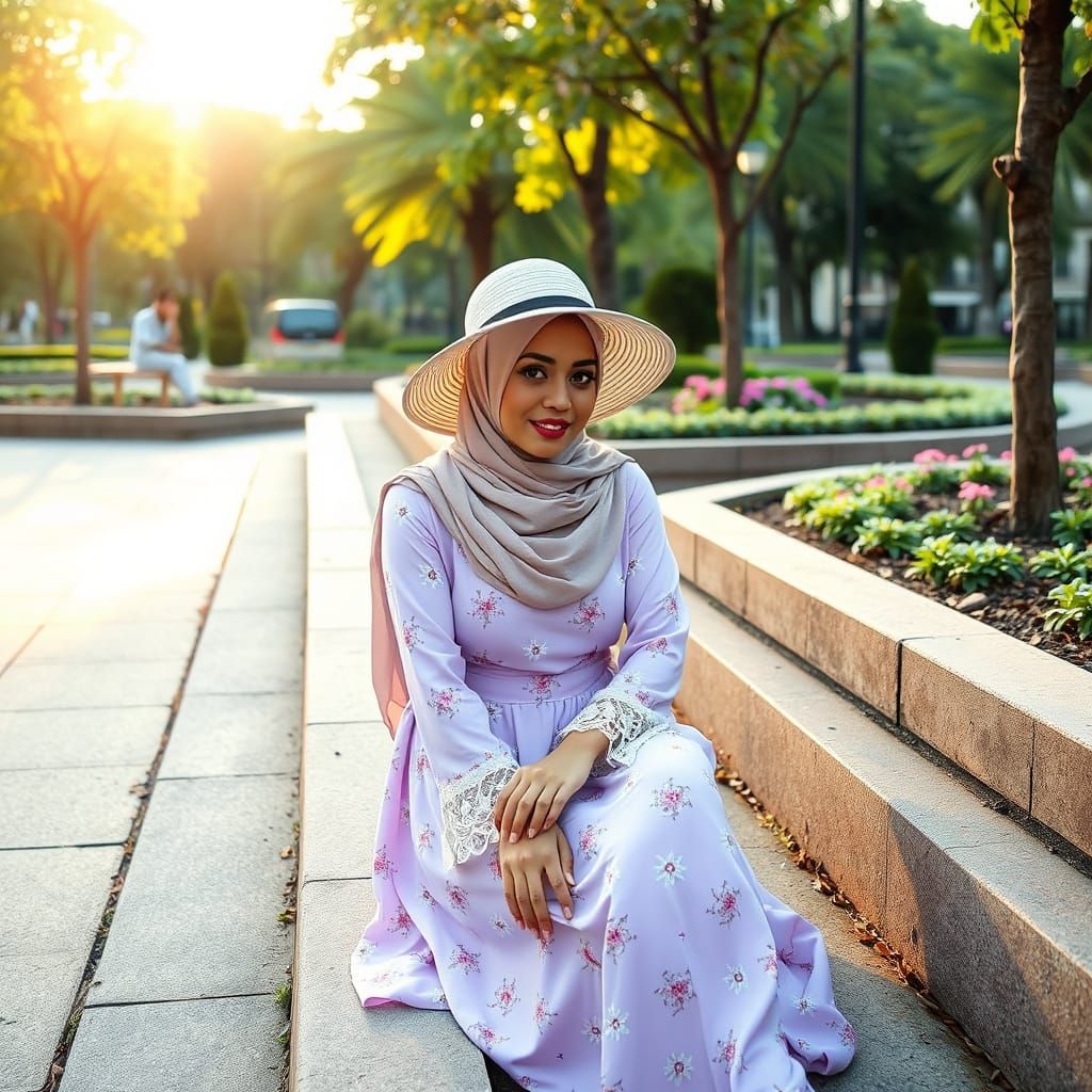 Young Muslim Woman in Lilac Floral Dress during Golden Hour