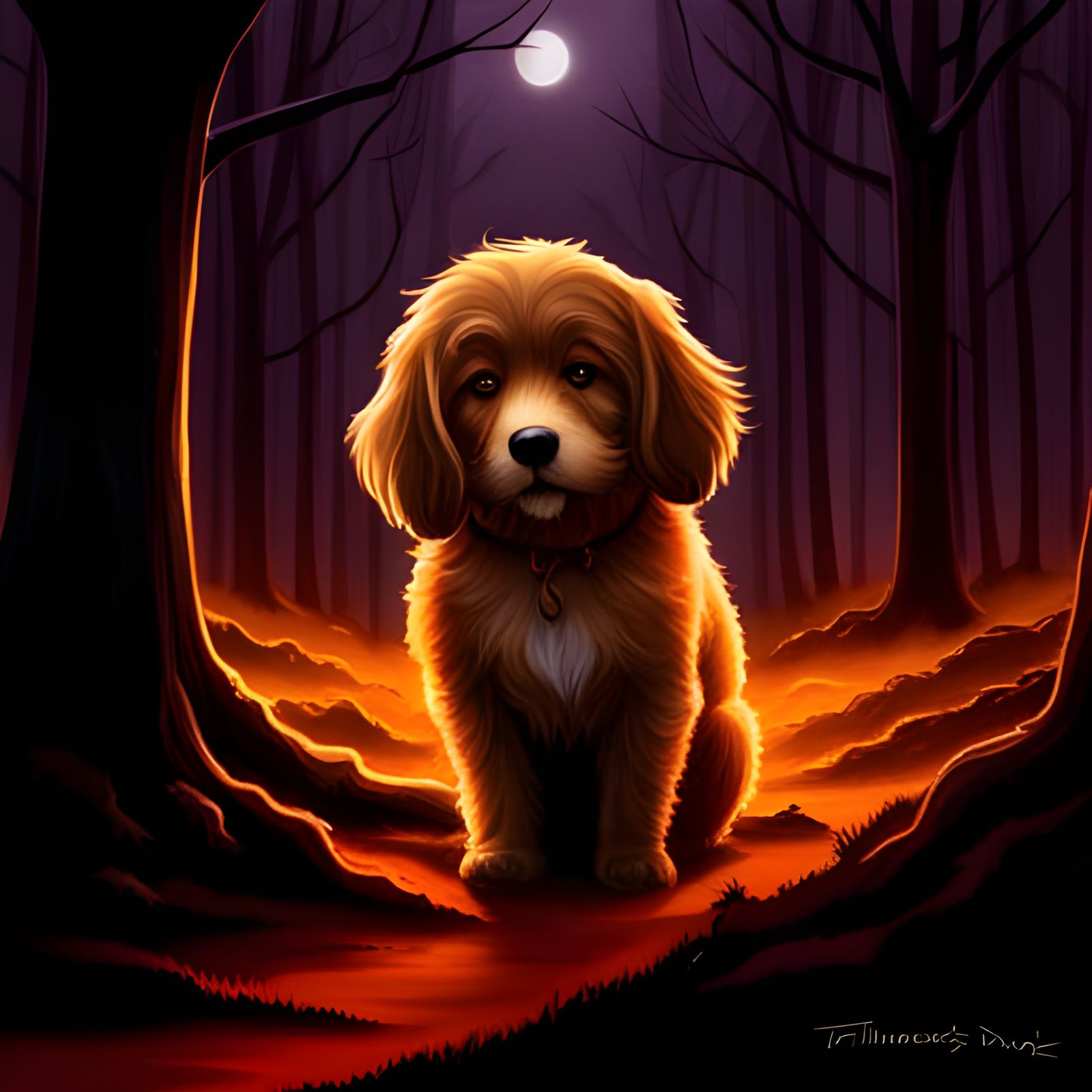 Dog in Sinister Forest of Love, Hyperdetailed Fantasy