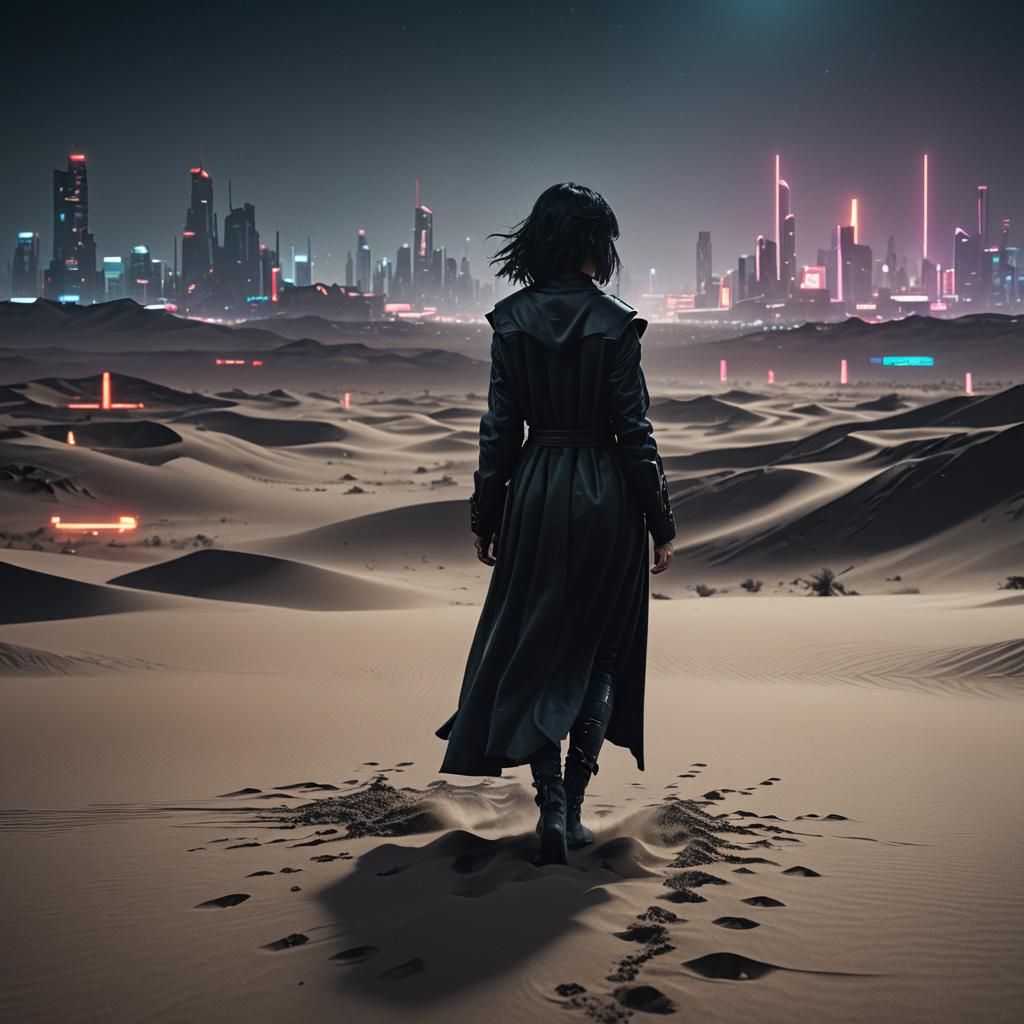 Cyberpunk Woman Dissolving in Desert Landscape