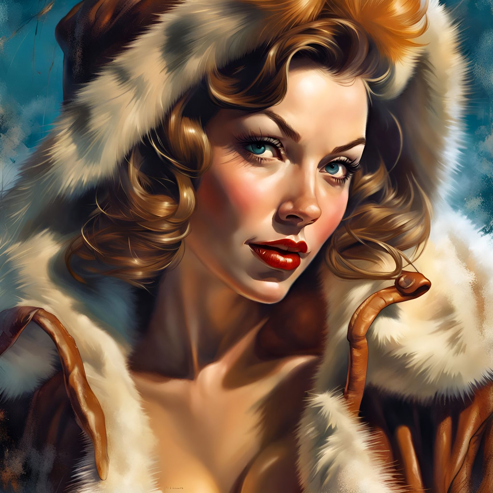 Glamorous Woman in Mink and Bikini, Pin-Up Style