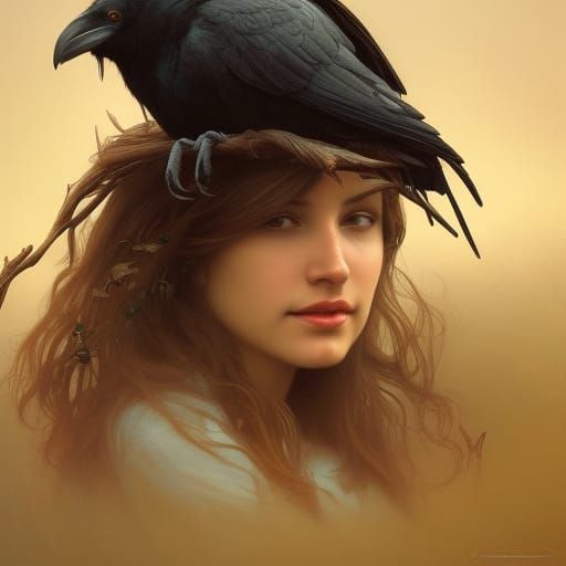 Raven on Scarecrow in Stormy Pumpkin Field