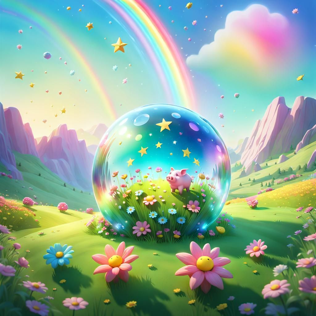 Dreamy Meadow Scene with Floating Star Orb