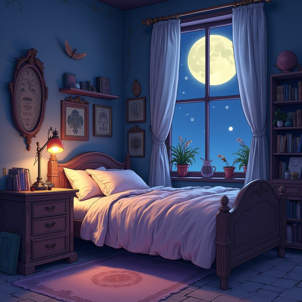 Whimsical Ghibli-Style Room at Night with Plush Bed and Desk