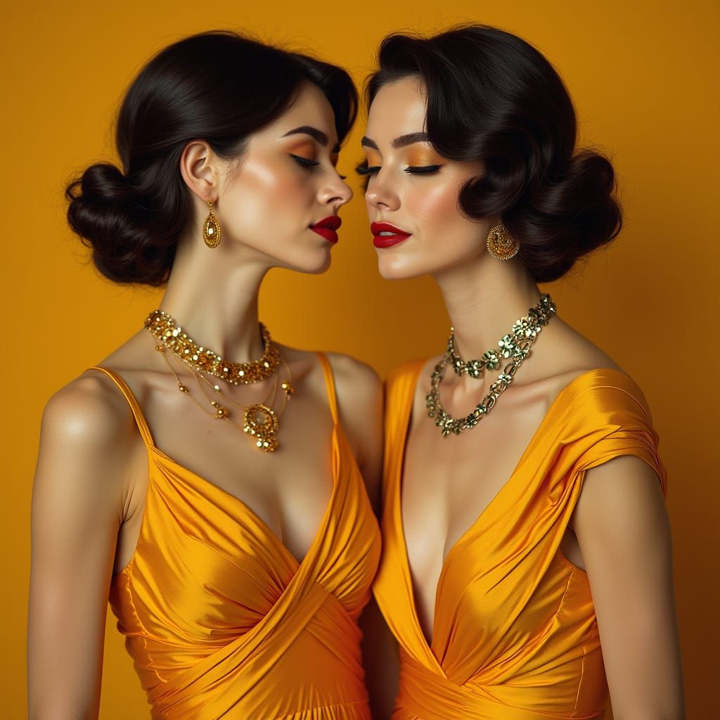 Elegant Women in Pastel Orange and Yellow Art Deco Style