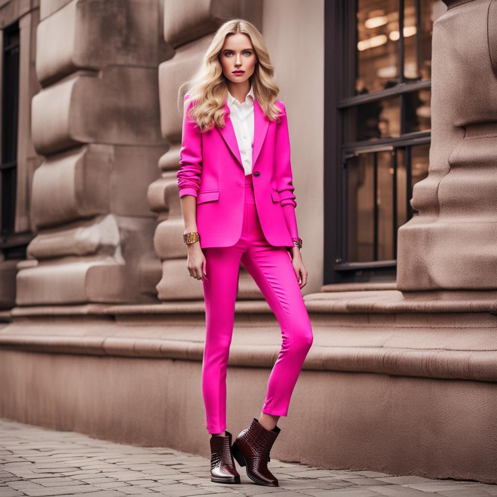 Young Woman in Bright Pink Blazer Outfit