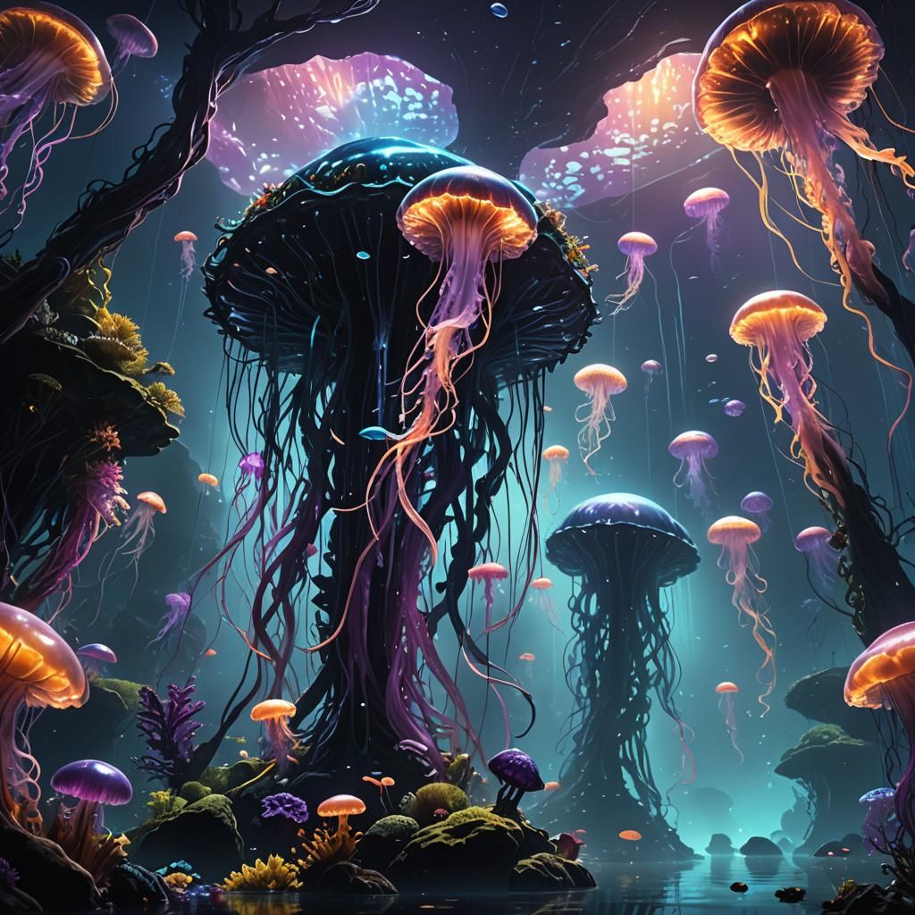 Bioluminescent Aquarium in Dark Cinematic Style