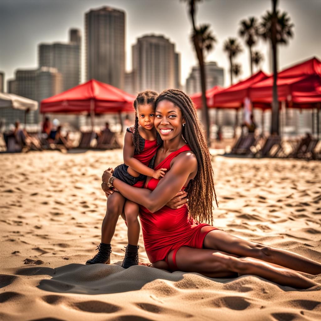 Hyperrealistic Family Portrait on a Red Beach