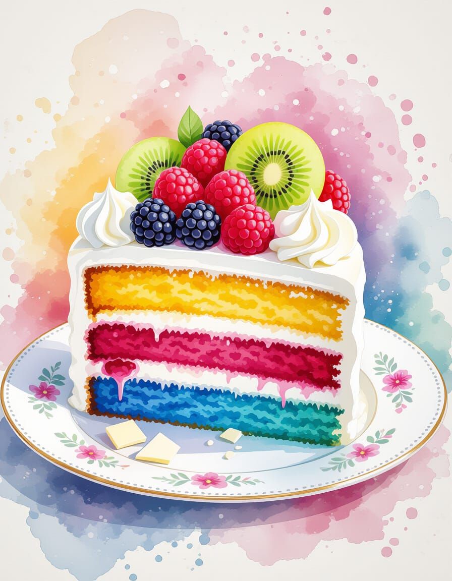 Rainbow Cake with Berries in Watercolor Style
