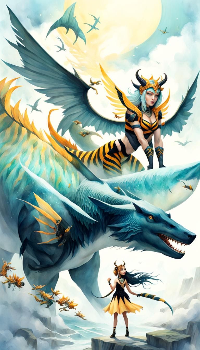 Fantasy Chimera Girl in Dreamy Watercolor Style